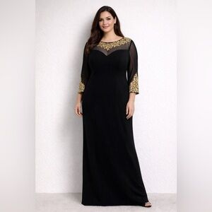 Alex Evenings black and gold long sleeve gown.